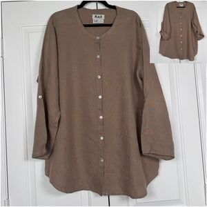 Flax Womens Linen Button Up Tunic Top Sz L Mushroom Lagenlook Minimalist Coastal